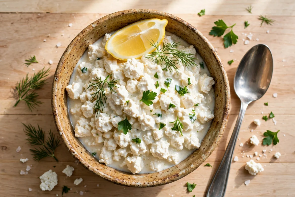 Bowl of high-protein vegan cottage cheese made from crumbled tofu and lemon