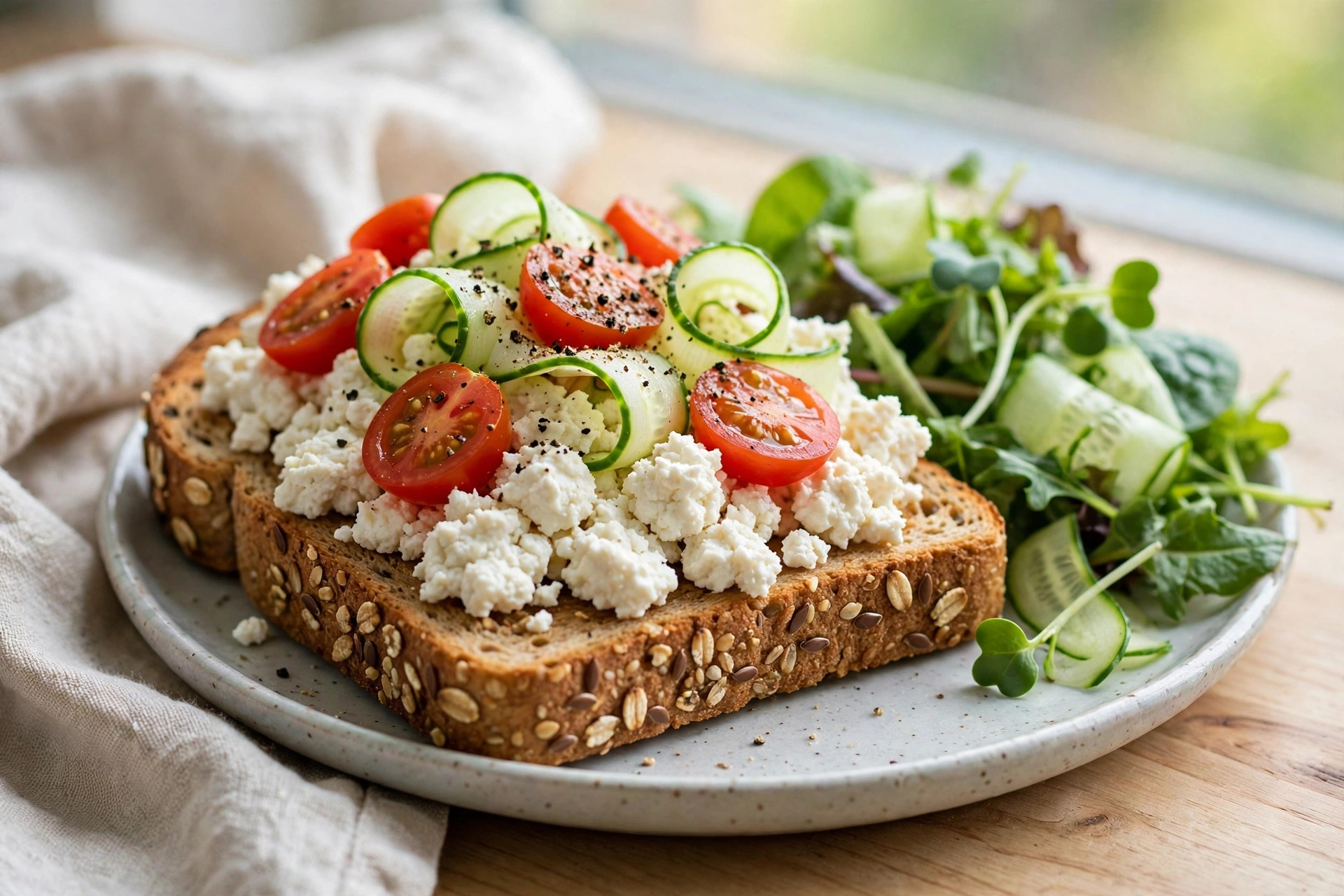 High-protein vegan cottage cheese on toast with tomatoes and cucumber