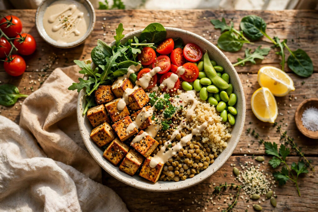Plant-based protein maxxing bowl with tofu, lentils, edamame and quinoa