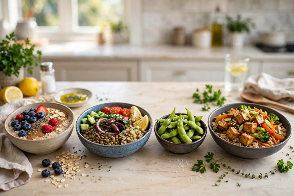 Sample day of plant-based protein maxxing meals on a kitchen counter