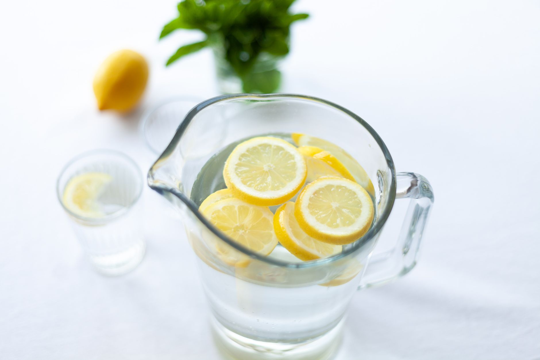 A pitcher of water with lemon slices and mint