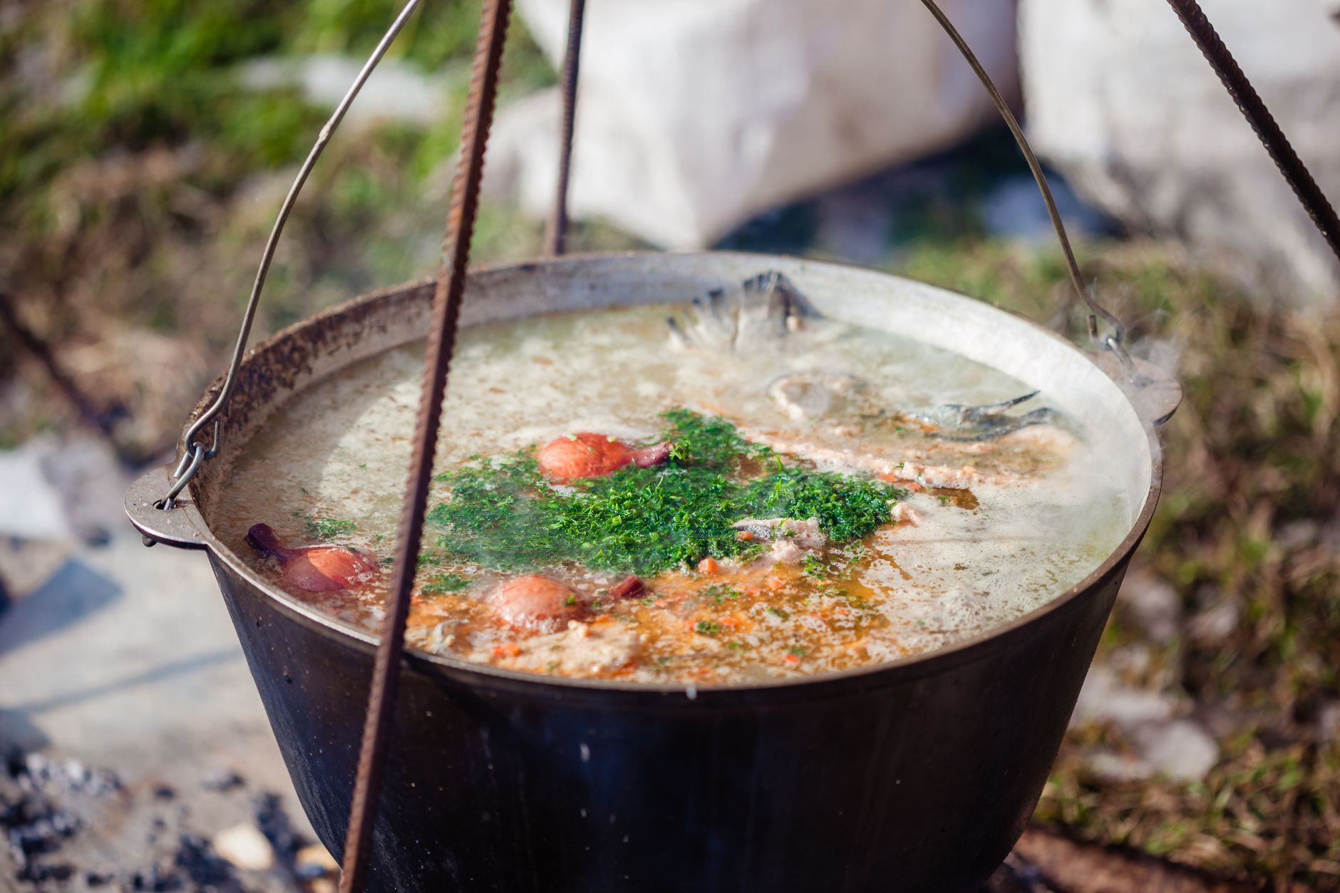 Homemade broth simmering in a pot
